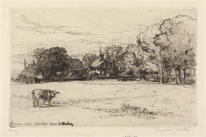 Eine Zeichnung eines Bauernhofs mit einer Kuh, die im Vordergrund grast, umgeben von Bäumen und Häusern im Hintergrund, mit dem Text 'Häuser in der Nähe von Harlep, Haus S. Madigan' unten.