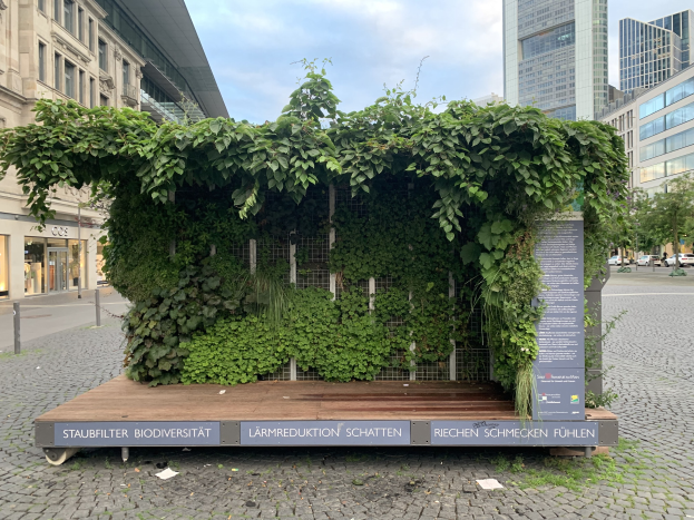 Ein grünes Gebäude mit Efeu an der Seite, umgeben von Bäumen, Fahrzeugen, Strommasten, Schildern und anderen Gebäuden unter einem bewölkten Himmel, Teil der Staufbilter Biodiversität in Berlin, Deutschland.