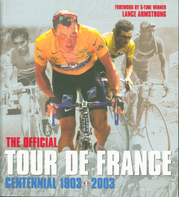 Offizielles Tour-de-France-Jubiläumsplakat (1903–2003) mit einer Gruppe von Rädern und begleitendem Text.