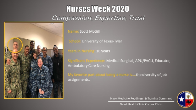 Gruppe von Menschen, die links lächeln, Text "Schwesternwoche 2020: Mitgefühl, Expertise, Vertrauen" und ein Logo auf der rechten Seite mit einer Wand und Decke im Hintergrund.