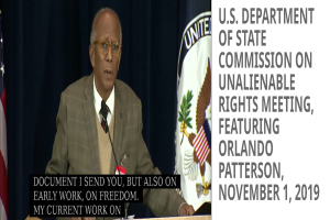 Ein Mann in Sakko, Krawatte und Brille steht an einem Rednerpult mit einer amerikanischen Flagge dahinter bei einer Sitzung des U.S. Department of State Commission on Unalienable Rights am 1. November 2019.