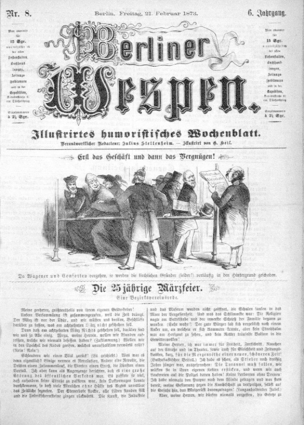 Altes deutsches Zeitungsblatt "Berliner Wespen" vom 21. Februar 1873 mit einer Gruppe von Menschen in traditioneller deutscher Kleidung, die sich unterhalten, mit deutscher Textbeschreibung des Ereignisses.