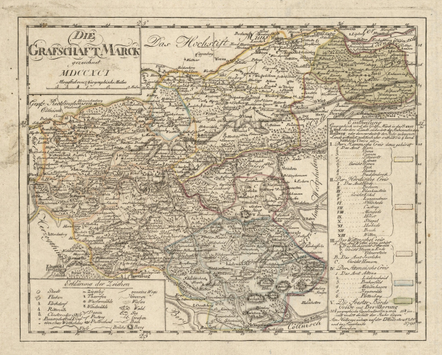 Ein detailliertes altes Stadtplan von München, Deutschland, mit Straßen, Parks und Sehenswürdigkeiten, in Blau-, Grün- und Gelbtönen und einem dekorativen Rand.