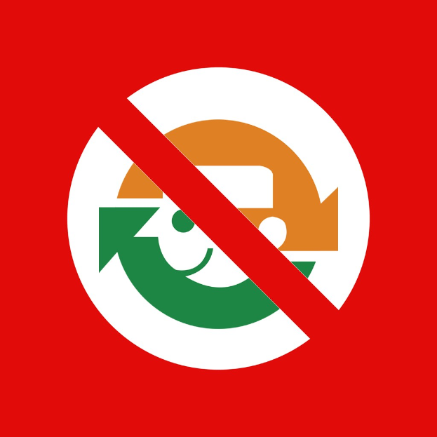 Ein rotes und weißes Schild mit einem nach rechts zeigenden Pfeil und fettem schwarzem Text, der "Keine Wiederverwertung" lautet, vor einem weißen Hintergrund.