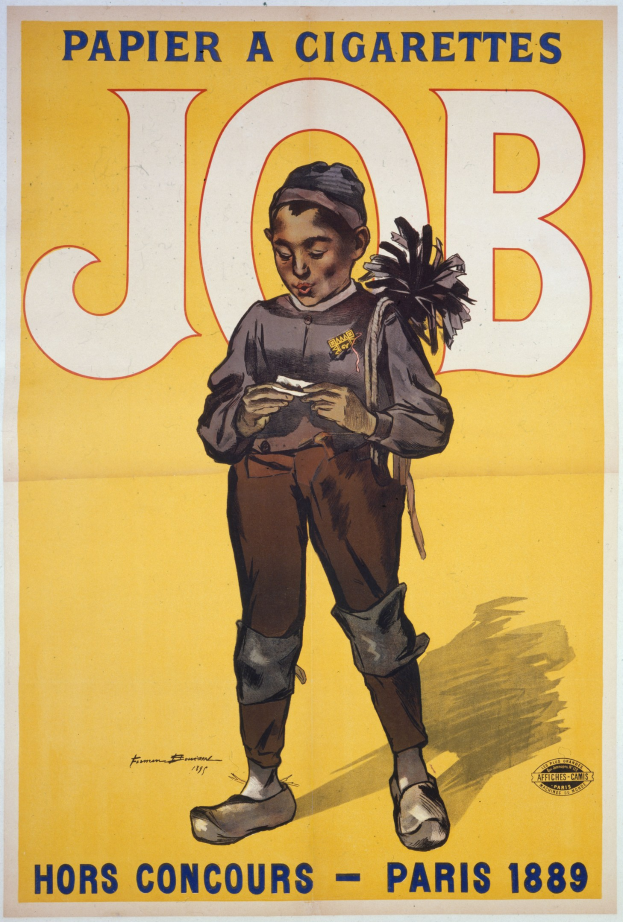 Ein Plakat mit einem jungen Jungen, der eine Zigarette hält, mit Text, der wahrscheinlich einen Job bewirbt, und einem entschlossenen Gesichtsausdruck.