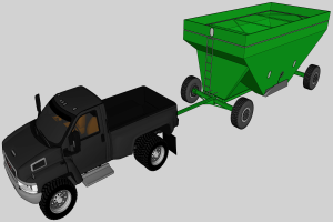 Ein schwarzer Lkw mit einem grÜnen AnhÀnger, animiert, um abschleppbereit zu wirken, vor einem weißen Hintergrund.
