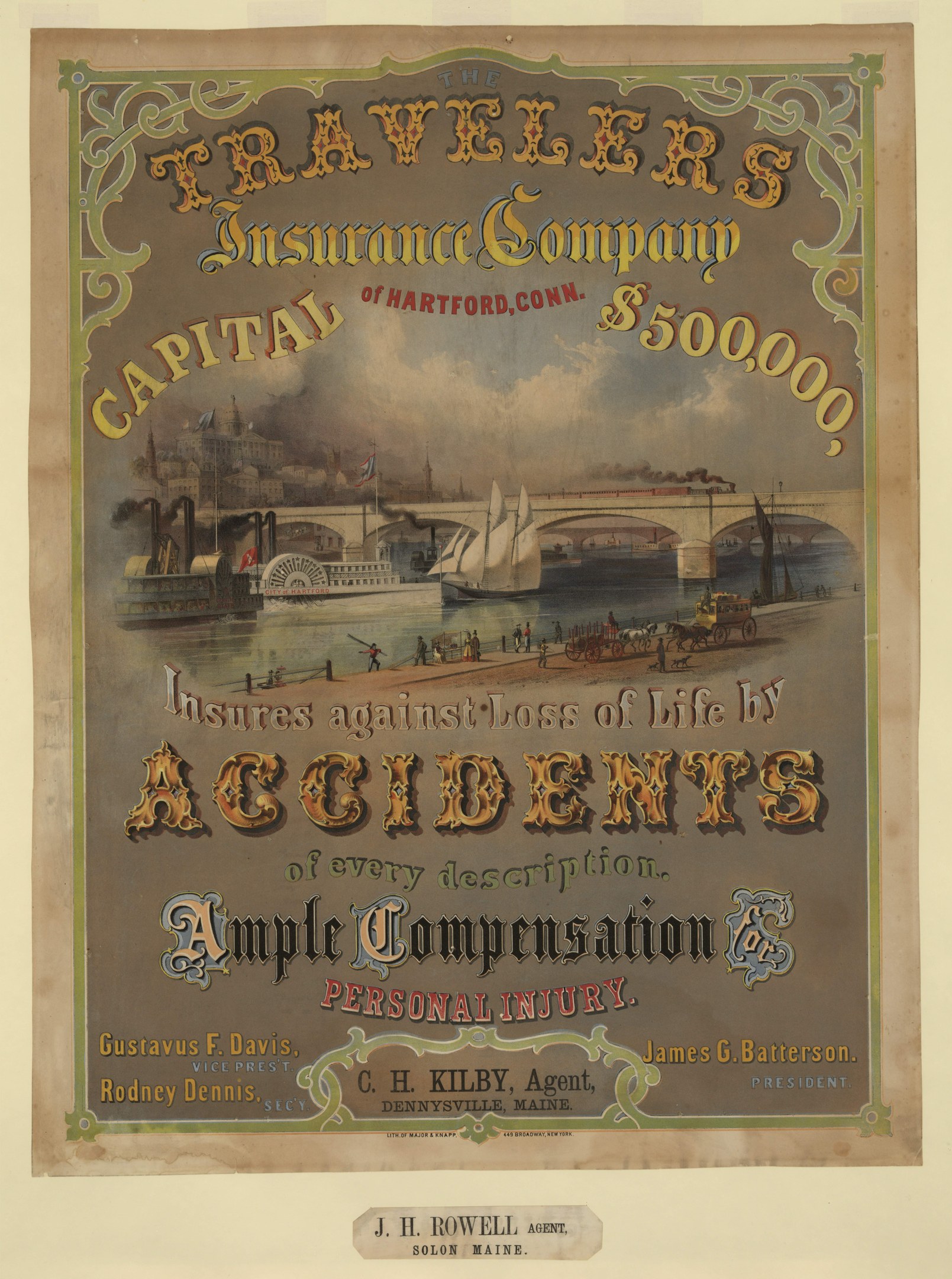 Werbeposter für die Traveler's Insurance Company of Hartford, Connecticut, mit Booten, einer Brücke und Gebäuden sowie Text über Reiseversicherungsdienstleistungen.