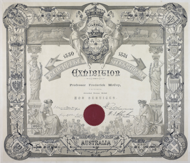 Altes Zertifikat mit rotem Wachssiegel, verziert mit dekorativem Text und Bildern im klassischen Stil.