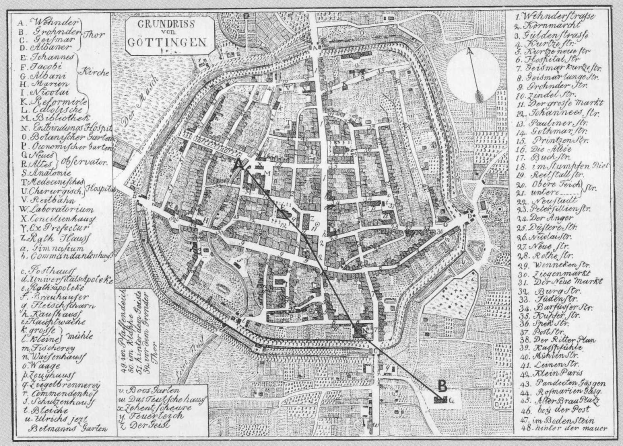 Eine Schwarz-Weiß-Karte von Göttingen, Deutschland, mit Straßen, Gebäuden und Textmarkierungen.
