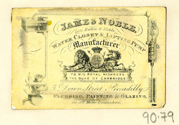 Visitenkarte für James Noble, Wasser closet & Hebepumpen-Hersteller, mit Produktbeschreibungs-Text.