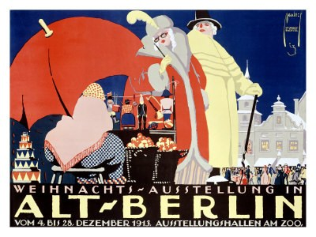 Plakat, das eine Weihnachtsausstellung in Alt-Berlin, Deutschland, ankündigt, mit einer bunten Illustration von Menschen und Gebäuden und dem Text "Weihnachtsausstellung in Alt-Berlin" oben.