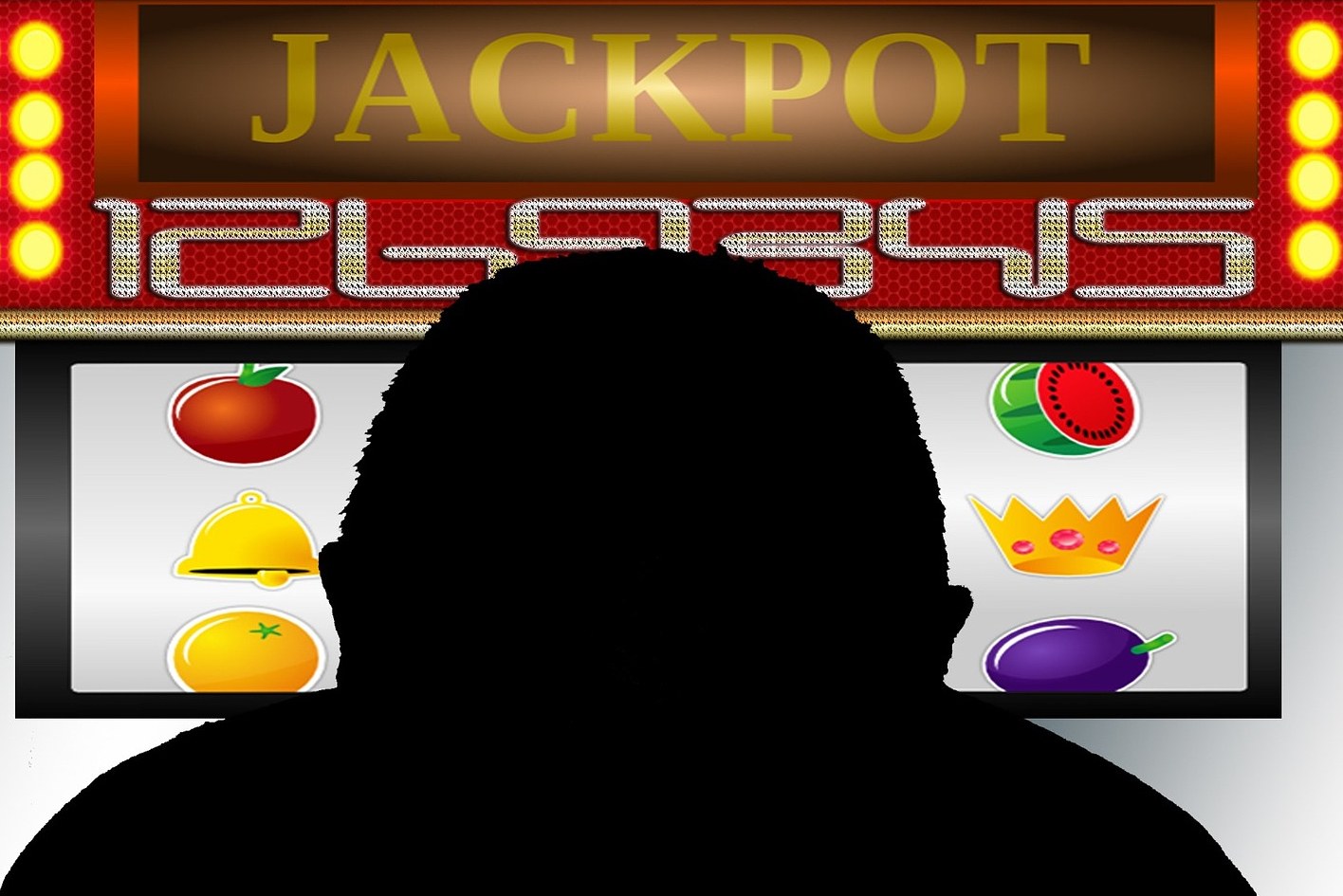 Ein Mann spielt ein Online-Slot-Spiel mit der Anzeige 'Jackpot', umgeben von fruchtmotivischen Symbolen und Text.