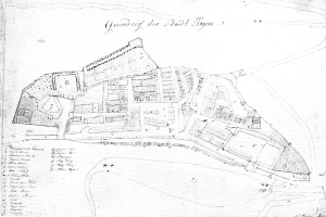 Eine Schwarz-Weiß-Karte von Stadt Sigra, Deutschland, mit zahlreichen Gebäuden und Textanmerkungen.
