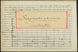 Notenblatt mit dem Titel "Serenata del Amor" mit Noten auf altem Papier gedruckt.
