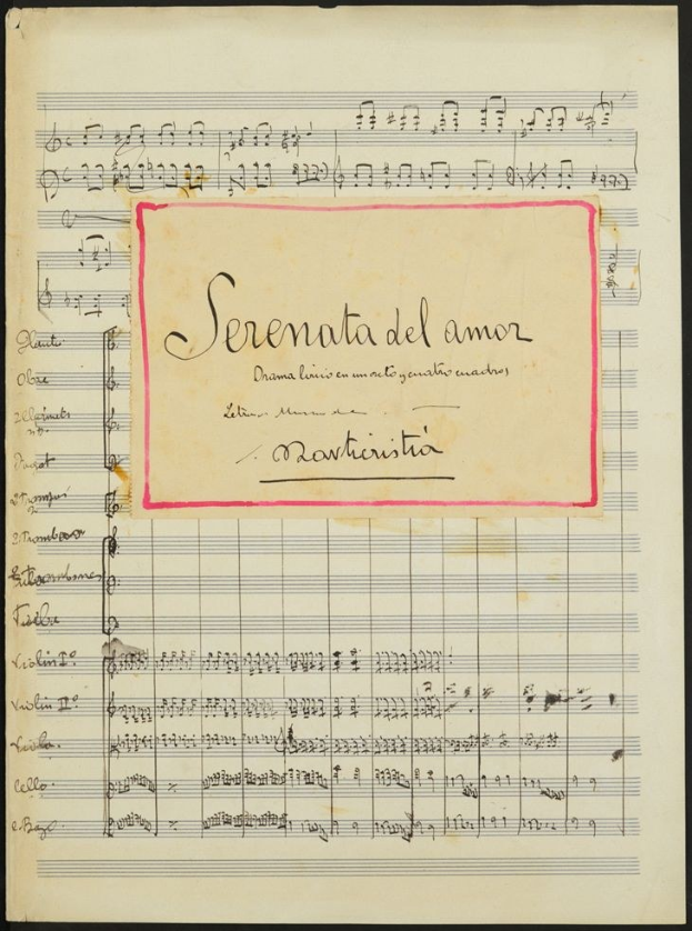 Notenblatt mit dem Titel "Serenata del Amor" mit Noten auf altem Papier gedruckt.