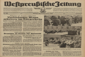 Titelseite der deutschen Zeitung "Weitpreubliche Zeitung" vom 13. November 1939, die eine Gruppe von Menschen in traditioneller deutscher Kleidung in einer feierlichen Atmosphäre zeigt.