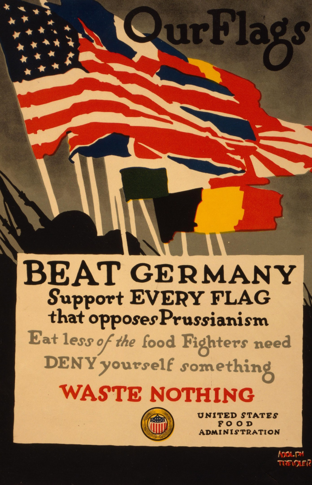 Plakat mit einer roten, weißen und blauen Flagge mit einem weißen Stern, begleitet von fettgedrucktem schwarzem Text, der "Unsere Flaggen schlagen Deutschland - Unterstützt jede Flagge, die gegen Preußentum kämpft" in einem weiß umrandeten Layout lautet.