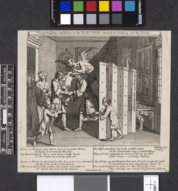 Eine Schwarz-Weiß-Radierung einer Gruppe von Menschen in einem Raum, die sich um ein zentrales Papier mit Text- und Farboptionen an der Spitze versammeln, symbolisiert eine korrupte Wahl.