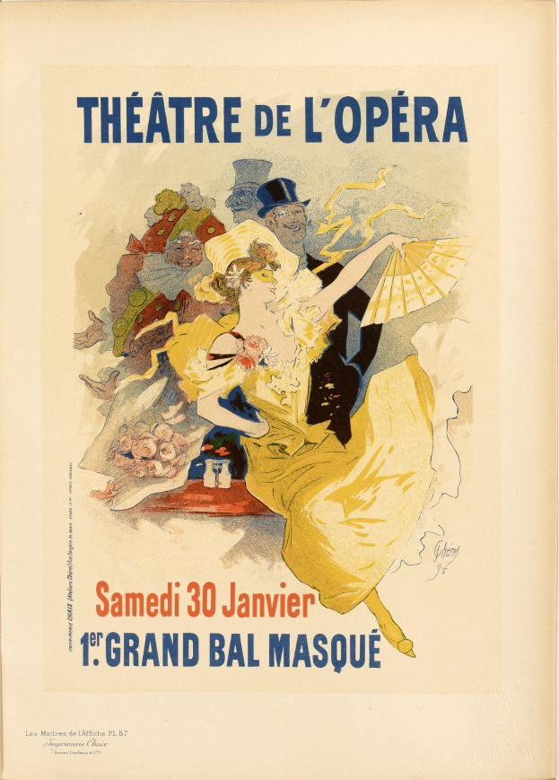 Plakat für das Théâtre de l'Opéra in Paris mit einer Frau in einem weißen Kleid mit einem blauen Schultertuch, ihr Haar zu einem Knoten gebunden, vor einem tiefblauen Nachthimmel mit Sternen.