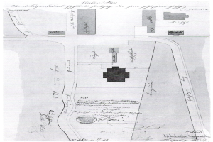 Eine Schwarz-Weiß-Zeichnung eines Stadtplans mit zahlreichen Gebäuden, die als Entwurf für einen neuen Bau in London gilt, mit begleitendem Text zur Beschreibung des Layouts.