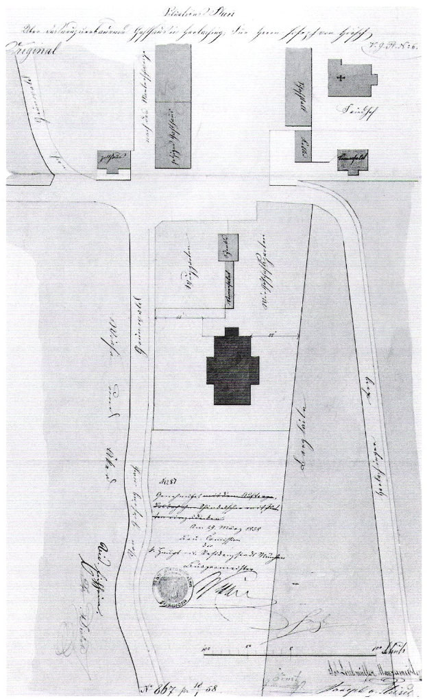Eine Schwarz-Weiß-Zeichnung eines Stadtplans mit zahlreichen Gebäuden, die als Entwurf für einen neuen Bau in London gilt, mit begleitendem Text zur Beschreibung des Layouts.