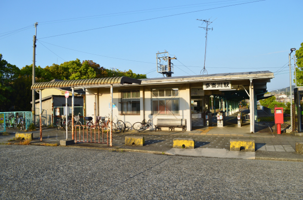 Ein Bahnhof mit Fahrrädern davor, eine Straße unten, Häuser und Bäume im Hintergrund und einen klaren blauen Himmel.