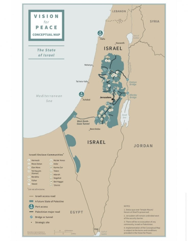 Plakat mit der Aufschrift "Vision für Friedenskonzept-Karte" mit einer farbcodierten Karte von Israel in fetter schwarzer Schrift.