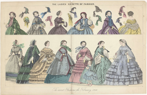 Ein Vintage-Modeillustration aus 'The Ladies Gazette of Fashion', das Frauen in farbenfrohen Kleidern und kunstvoll gestalteten Hüten zeigt.