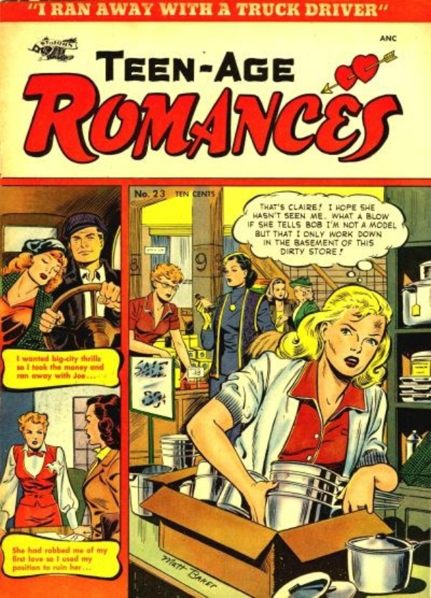 Ein buntes Plakat mit der Aufschrift 'Teen-Age Romances 23-A by DC', das eine Gruppe von Menschen in einer fröhlichen, romantischen Umarmung mit strahlenden Gesichtern und direktem Augenkontakt zeigt.