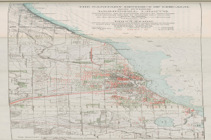 Ein altes Stadtplan des Sanitären Bezirks von Chicago, mit Text, der die städtischen Grenzen beschreibt.