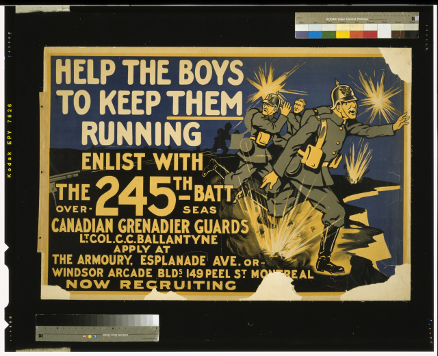 Schwarzes Plakat mit einer Gruppe von uniformierten Läufern, Text lautet "Hilf den Jungs, damit sie weiterlaufen".