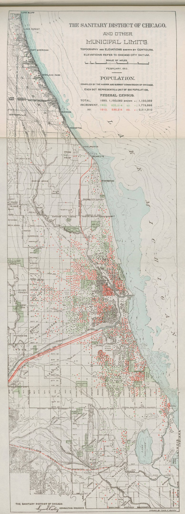 Schwarz-weiß-Karte des Sanitärbezirks von Chicago, die die kommunalen Grenzen und den Text zeigt, der die Stadtgrenzen beschreibt.