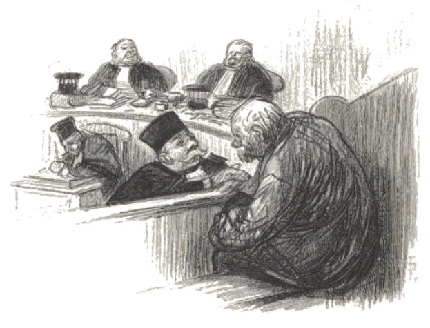 Eine Schwarz-Weiß-Zeichnung einer Gruppe von Menschen, vermutlich Anwälte, die um einen Tisch in einem Gerichtssaal sitzen, mit verschiedenen Gegenständen darauf und Text unten.