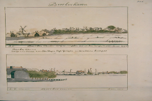 Ein aufgeschlagenes Buch mit einer Stadtansicht-Illustration, die Häuser, Bäume und eine Windmühle zeigt, begleitet von erläuterndem Text.