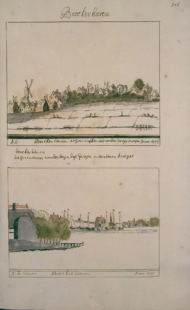 Ein aufgeschlagenes Buch mit einer Stadtansicht-Illustration, die Häuser, Bäume und eine Windmühle zeigt, begleitet von erläuterndem Text.