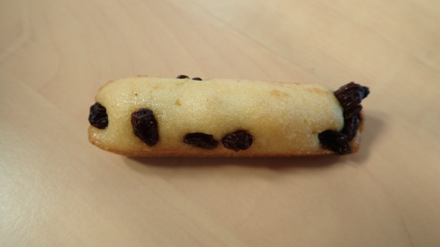 Ein Close-up eines goldbraunen Kekses mit einer leichten Puderzucker- und Rosinenbestäubung auf einem Holztisch.