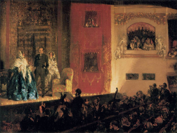 Gemälde namens 'Die Oper' (1856) zeigt eine Gruppe von Darstellern auf der Bühne mit Instrumenten und sitzenden Figuren vor einem Publikum und einer Wand im Hintergrund.