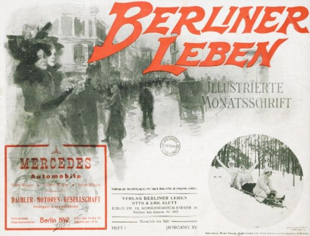 Werbung für ein Mercedes-Benz-Fahrzeug in Berlin, Deutschland, das eine Gruppe von Menschen, Bäume, Gebäude, Text und einen Stempel zeigt.