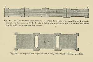 Eine Buchseite mit einer Zeichnung eines Metallteils, begleitet von Text und Diagrammen, die dessen Informationen darlegen.