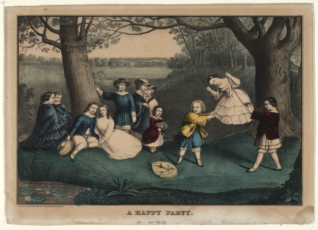 Gruppe von Kindern im Park mit Bäumen und Gras, einige sitzen und andere stehen, mit "Ein fröhliches Fest" Text unten.