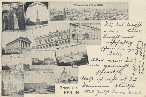 Eine alte Postkarte mit verschiedenen Bildern von Berlin, darunter Gebäude, Bäume und eine Statue, sowie einigen handschriftlichen Text.