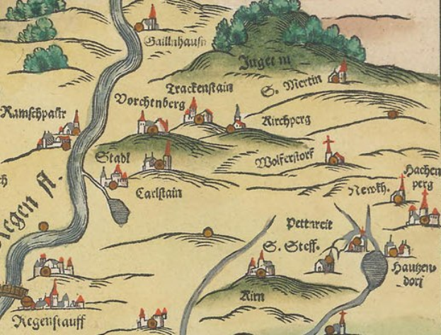 Alte Schmuckkarte von Köln, Deutschland, mit grünen Bäumen, kleinen gemütlichen Häusern und verzierter Schrift.