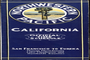 Plakat mit "Northwestern Pacific California Official Time Schedule"-Text auf schwarzem Hintergrund.