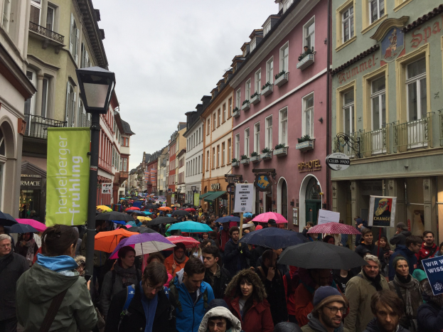Große Gruppe von Menschen, die mit Schirmen auf der Straße gehen, einige mit Taschen und Schildern, während eines Klimastreiks in Deutschland, mit Gebäuden und einem Laternenpfahl im Hintergrund.