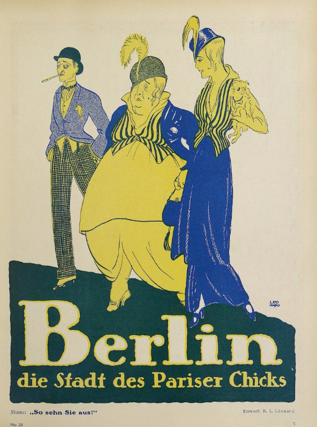 Plakat für ein Konzert in Berlin, Deutschland, das eine Gruppe farbiger Menschen vor einem Gebäude zeigt, mit dem Text "Berlin - Die Stadt des Pariser Chicks" oben.