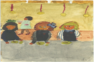 Gemälde von drei Kindern in festlicher Kleidung, die auf einer Bank vor einer Wand mit Weihnachtschmuck, bunten Orchideen und anderen Festdekorationen sitzen und strahlen.