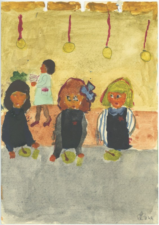 Gemälde von drei Kindern in festlicher Kleidung, die auf einer Bank vor einer Wand mit Weihnachtschmuck, bunten Orchideen und anderen Festdekorationen sitzen und strahlen.