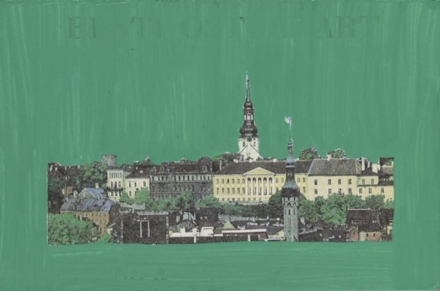 Stadtansicht mit grünem Hintergrund, die mehrere Gebäude und Bäume zeigt.