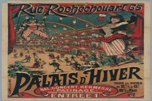 Ein Zirkusposter, das eine Veranstaltung in der Rue Rochechouart 65 in Paris ankündigt, mit einer Gruppe von Menschen, einige in Kostümen.