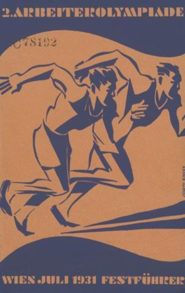 Plakat für die Olympischen Spiele 1932 in Berlin, das zwei Läufer zeigt, mit Text zu den Ereignissen.